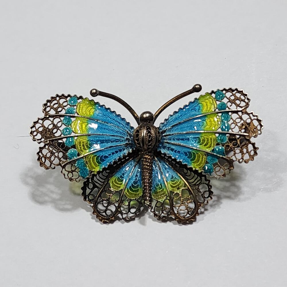 Vintage 800 Silver Butterfly Brooch Filigree Plique A Jour Enamel Blue Green